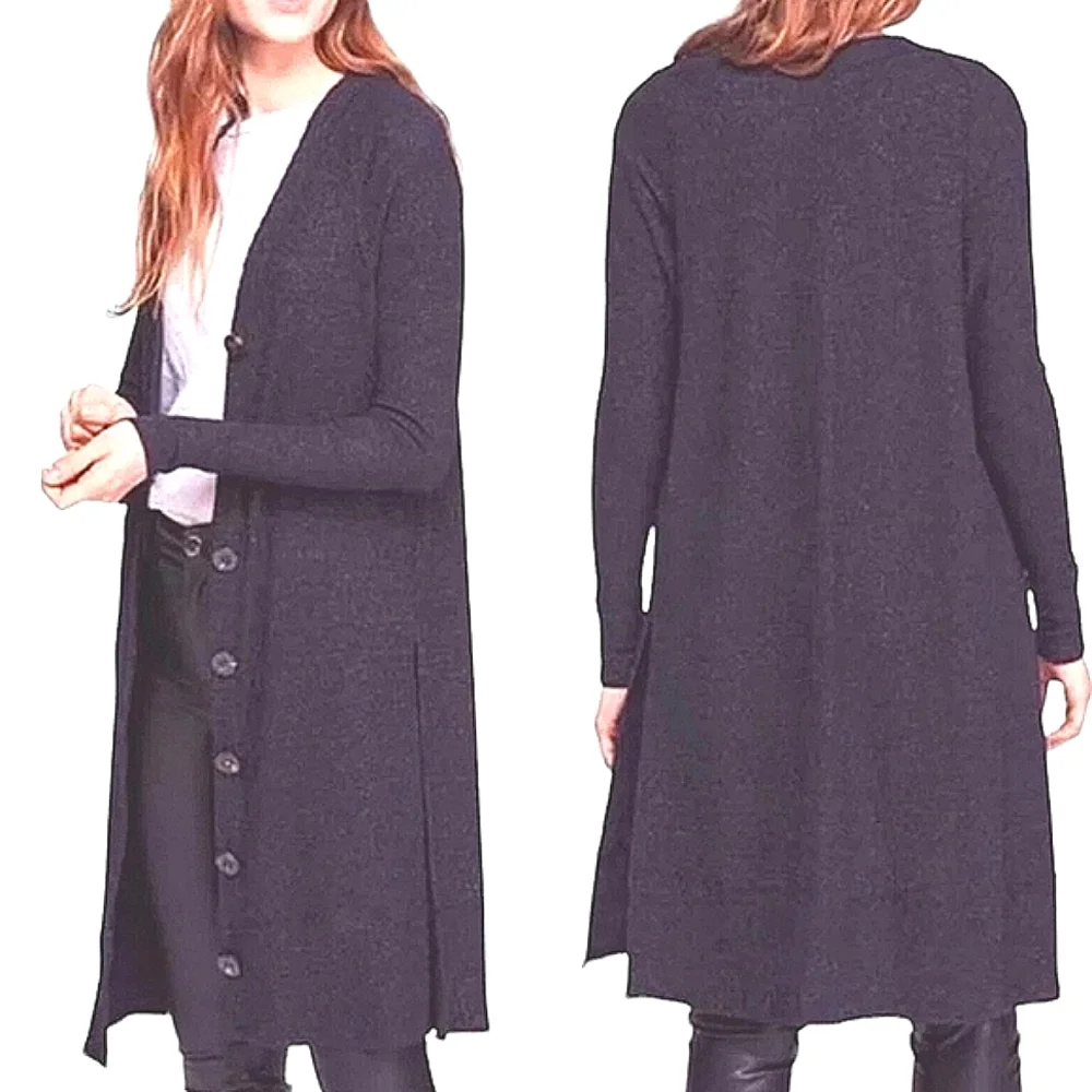 Free People We The Free Long Cardigan Duster Sweater Ribbed Button Up Glitter MD - Picture 2 of 12